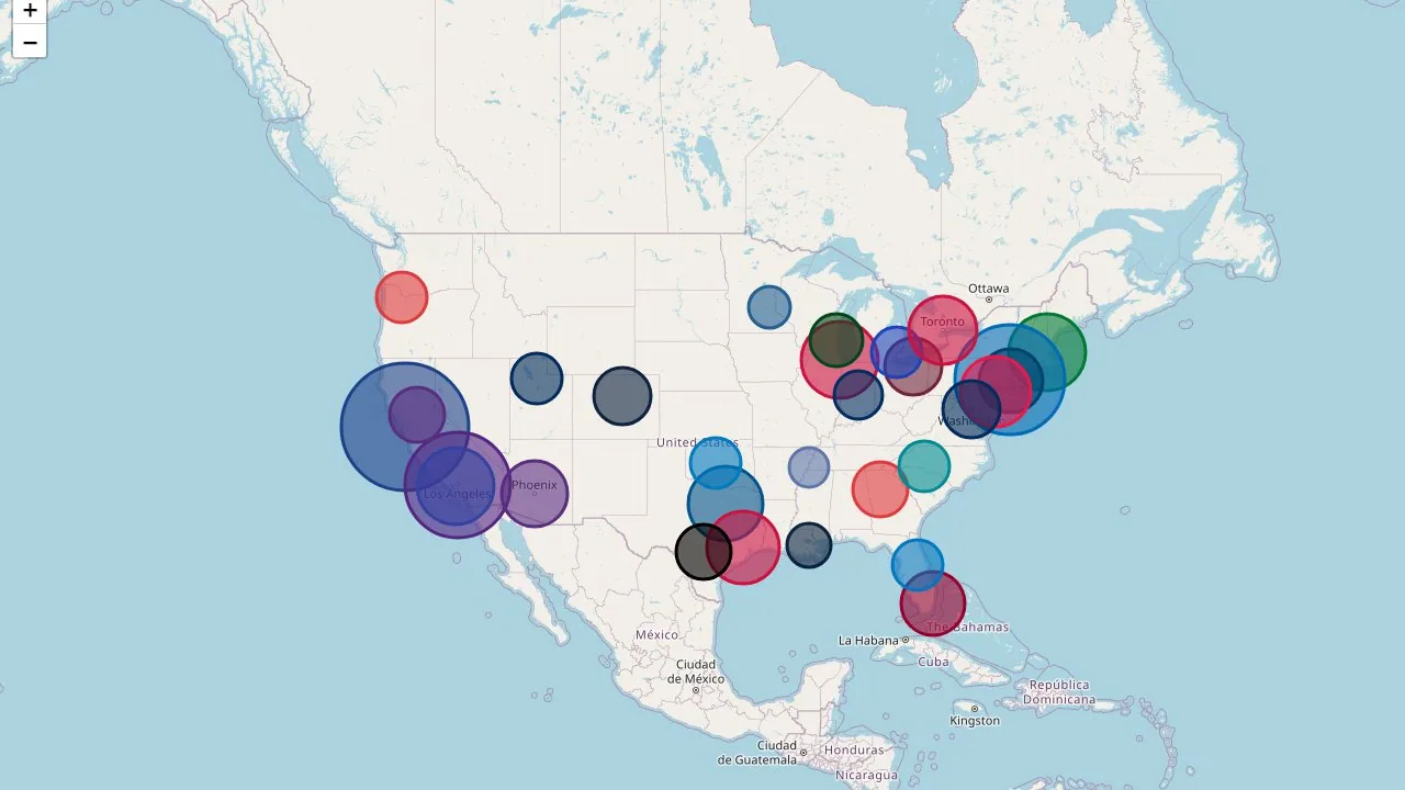 A map of North America with a circle over each NBA city, sized by franchise valuation.