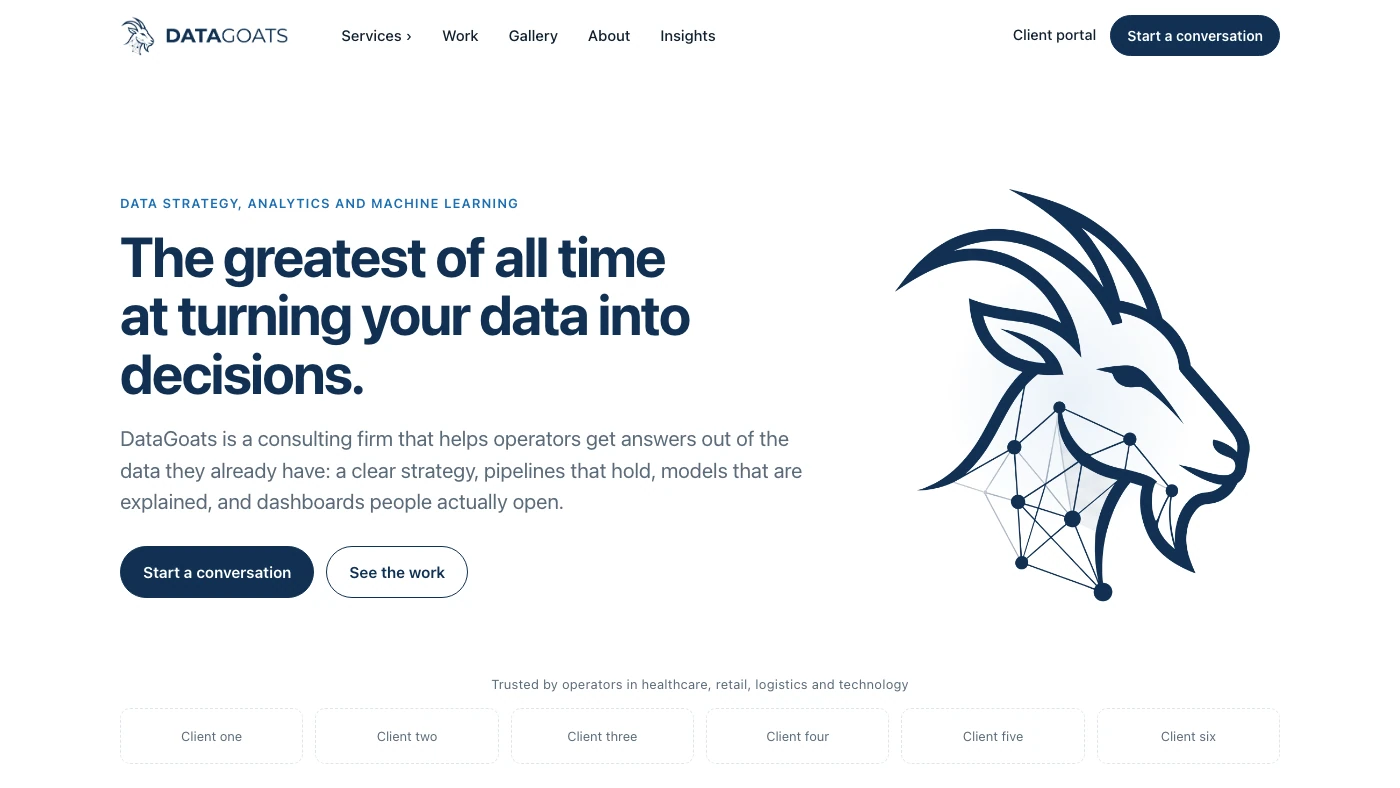 The DataGoats home page: a navy goat mark drawn out of data points, beside the headline.