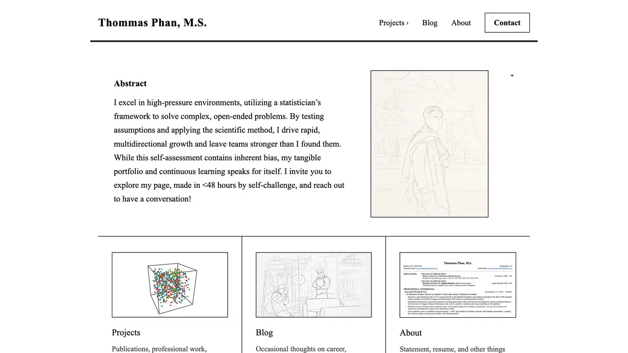 The home page of this site: an Abstract set in Times New Roman beside a pencil sketch.