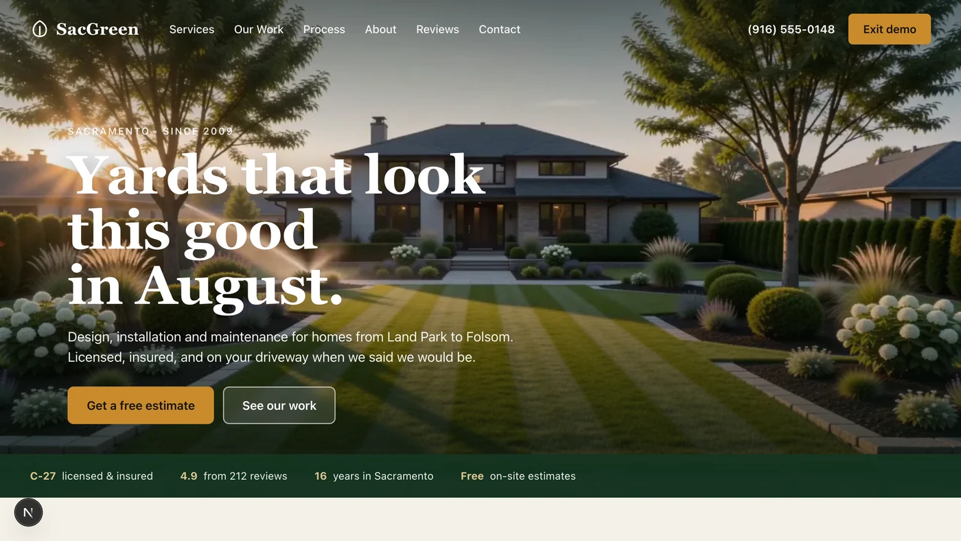 A landscaping company’s home page: a looping video of a landscaped house behind the headline, with the company’s services underneath.