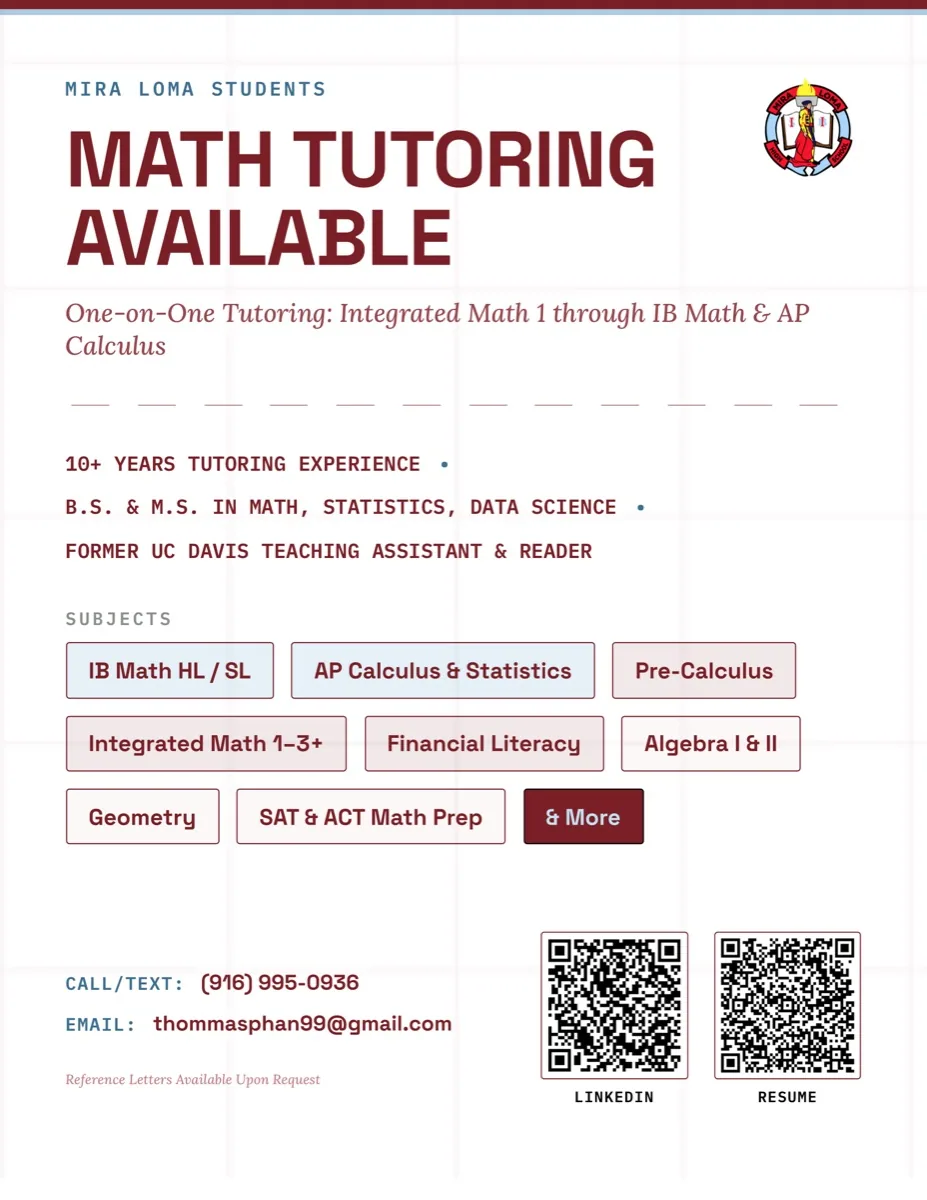 Math tutoring flyer for Mira Loma students, listing IB Math through Algebra.
