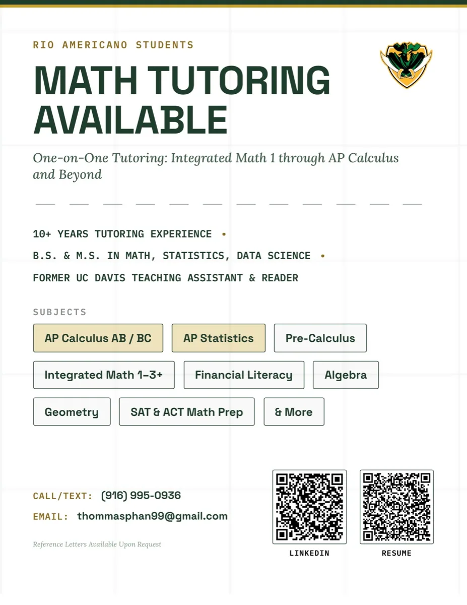 Math tutoring flyer for Rio Americano students, listing AP Calculus through Algebra.