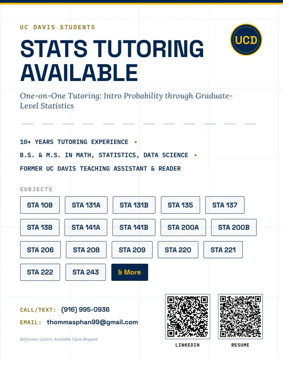Stats tutoring flyer for UC Davis students, listing STA courses from 108 through 243.